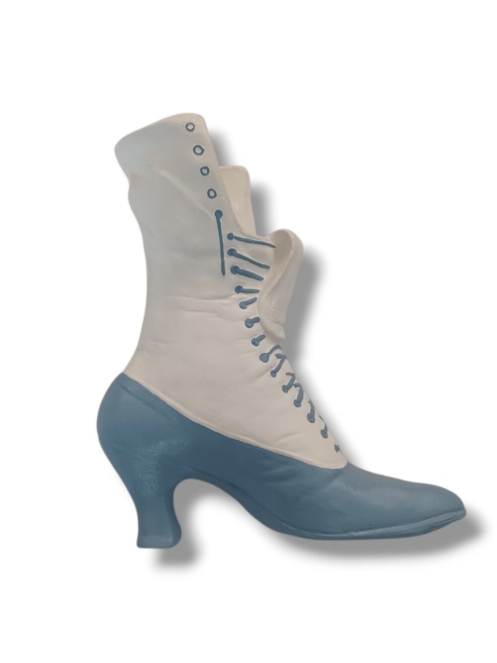 Large Blue White Victorian Lace Up Heeled Boot Shoe Ceramic Planter Vase Vintage